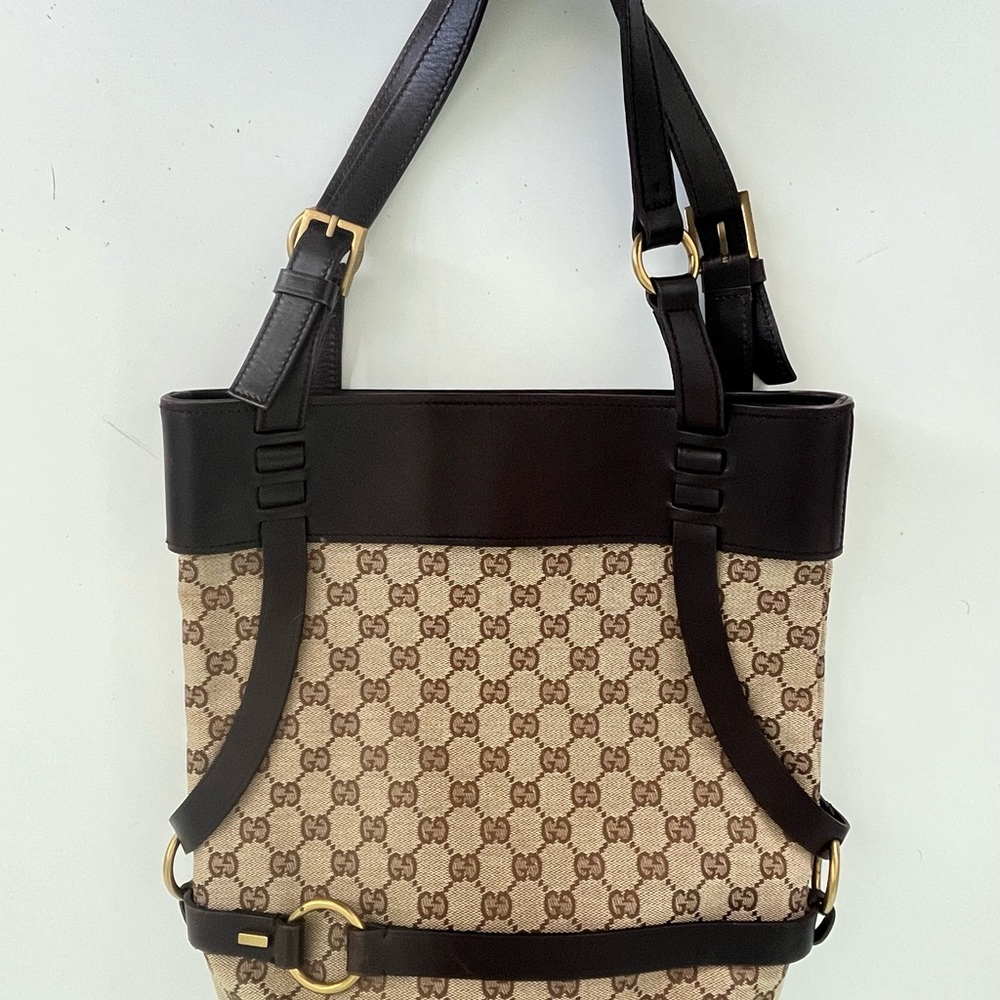 Gucci Beige GG Canvas Tote with Dark Brown Leather & Gold Hardware